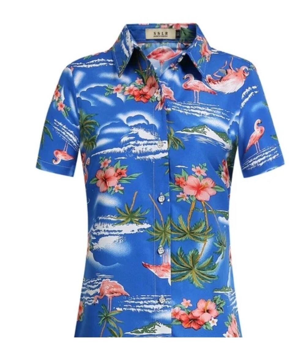 NWT SSLR Women’s XXL Blue Flamingo Hawaiian Shirt Tropical Floral Button Up